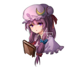 Rule 34 | 1girl, blue bow, book, bow, capelet, commentary request, crescent, crescent hair ornament, cropped torso, hair between eyes, hair bow, hair ornament, hat, hat ribbon, highres, long hair, looking at viewer, mao wei du jiao shou, mob cap, neck ribbon, parted lips, patchouli knowledge, purple capelet, purple eyes, purple hair, purple hat, purple ribbon, red bow, red ribbon, ribbon, sidelocks, simple background, solo, touhou, upper body, white background