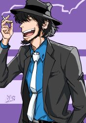 Rule 34 | 1boy, beard, belt, between fingers, black belt, black hair, black hat, black jacket, blue shirt, chipped tooth, cigarette, closed eyes, collared shirt, facial hair, fedora, fingernails, hair over one eye, hand in pocket, hat, highres, holding, jacket, jigen daisuke, knuckle hair, laughing, long sideburns, lupin iii, male focus, michio (hara78994098), necktie, open mouth, purple background, shirt, short hair, sideburns, signature, smoke, smoking, solo, teeth, upper body, upper teeth only, white necktie
