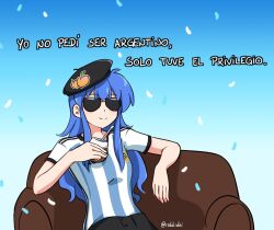 Rule 34 | 1girl, 2022, 2022 fifa world cup, argentina, argentinian flag, argentinian flag print, beret, black shorts, blue background, blue hair, blue shirt, breasts, check commentary, closed mouth, commentary request, confetti, couch, flag print, hat, highres, hinanawi tenshi, holding mate, long hair, mate, meme, peach hat ornament, photo-referenced, rakkidei, shirt, shorts, sidelocks, simple background, sitting, small breasts, smile, soccer uniform, solo, spanish commentary, spanish text, sportswear, striped clothes, striped shirt, sunglasses, touhou, translated, vertical-striped clothes, vertical-striped shirt, white shirt, world cup