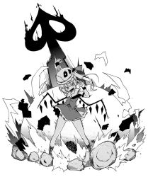 Rule 34 | 1girl, dress, flandre scarlet, full body, greyscale, hat, kannazuki hato, laevatein, looking at viewer, mob cap, monochrome, open mouth, rock, side ponytail, simple background, solo, standing, stitches, touhou, white background, wings