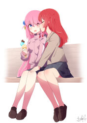 Rule 34 | 2girls, absurdres, bench, blue eyes, blush, bocchi the rock!, chocolate, closed eyes, commentary, cube hair ornament, food, food on face, gotoh hitori, hair ornament, highres, ice cream, jacket, kita ikuyo, licking, multiple girls, one eye closed, pink hair, red hair, school uniform, shuka high school uniform, signature, sitting, skirt, strings-lover, tongue, tongue out, track jacket, yuri