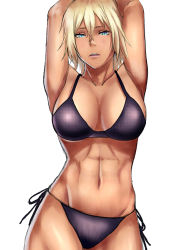 Rule 34 | 1girl, alternate eye color, aqua eyes, armpits, arms up, arrancar, bikini, bleach, blonde hair, blue eyes, breasts, cleavage, collarbone, cropped legs, eyelashes, female focus, groin, hair between eyes, highres, large breasts, lips, looking at viewer, navel, open mouth, parted lips, purple bikini, side-tie bikini bottom, simple background, solo, swimsuit, tier harribel, toned, white background