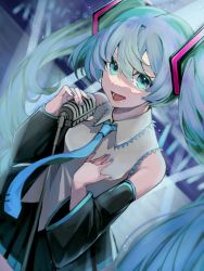 Rule 34 | 1girl, bare shoulders, black skirt, blue eyes, blue hair, blue nails, blue necktie, breasts, collared shirt, commentary request, detached sleeves, fingernails, frilled shirt collar, frills, grey shirt, hand on own chest, hatsune miku, highres, holding, long hair, long sleeves, microphone, murumuru (pixiv51689952), music, nail polish, necktie, open mouth, pleated skirt, shirt, singing, skirt, sleeveless, sleeveless shirt, small breasts, solo, twintails, very long hair, vocaloid, wide sleeves