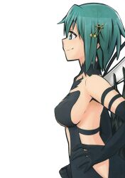 Rule 34 | 1girl, breasts, from side, gloves, green eyes, green hair, hand on own hip, highres, large breasts, mahou shoujo madoka magica, miki sayaka, seductive gaze, seductive smile, short hair, sideboob, smile, solo, traditional media