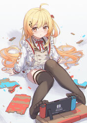 Rule 34 | 1girl, absurdres, ahoge, black thighhighs, blonde hair, blush, bow, bowtie, fortissimo, hair ornament, highres, hololive, hololive dev is, jacket, juu p, long hair, looking at viewer, musical note, musical note hair ornament, nintendo labo, nintendo switch, no shoes, orange hair, otonose kanade, red bow, red bowtie, thighhighs, thighs, virtual youtuber, white jacket, zettai ryouiki