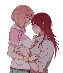 Rule 34 | 2girls, adjusting another&#039;s clothes, bang dream!, blush, collared shirt, from side, long hair, looking at another, low twintails, multiple girls, pink hair, polo shirt, re ghotion, red hair, shirt, short sleeves, simple background, twintails, udagawa tomoe, uehara himari, upper body, white background, white shirt, wristband, yuri