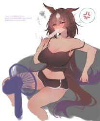 Rule 34 | 1girl, anger vein, animal ears, black shorts, black tank top, blush, breasts, brown hair, cleavage, commentary request, couch, dolphin shorts, ear ornament, electric fan, food, food in mouth, hair between eyes, highres, holding, holding food, holding popsicle, horse ears, horse girl, horse tail, hot, large breasts, long hair, looking at viewer, midriff, mmm (mmm623), multicolored hair, navel, on couch, pinky out, popsicle, popsicle in mouth, red eyes, short shorts, shorts, simple background, sirius symboli (umamusume), sitting, solo, spoken anger vein, squiggle, strap slip, streaked hair, sweat, tail, tank top, translated, twitter username, umamusume, v-shaped eyebrows, very long hair, white background, white hair