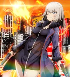 Rule 34 | 1girl, black dress, blue coat, blue eyes, cityscape, coat, commentary, cosplay, day, dress, dual wielding, dutch angle, fate/grand order, fate (series), fire, fire, girls und panzer, grin, gun, handgun, highres, holding, holding gun, holding weapon, itsumi erika, jeanne d&#039;arc (fate), jeanne d&#039;arc alter (fate), jeanne d&#039;arc alter (fate) (cosplay), jeanne d&#039;arc alter (ver. shinjuku 1999) (fate), jewelry, lens flare, long sleeves, look-alike, looking at viewer, medium hair, necklace, official alternate costume, one eye closed, open clothes, open coat, orange sky, outdoors, short dress, silver hair, sky, smile, solo, standing, tanashi (mk2), weapon