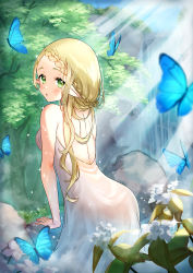 Rule 34 | 1girl, :o, animal, arm support, ass, backless dress, backless outfit, bare arms, bare shoulders, blonde hair, blush, braid, braided bangs, breasts, bug, butterfly, commentary request, day, dress, elf, flower, from behind, green eyes, highres, insect, long hair, looking at viewer, looking back, original, outdoors, parted bangs, parted lips, pointy ears, segawa luna, small breasts, solo, tree, very long hair, water, waterfall, white dress, white flower