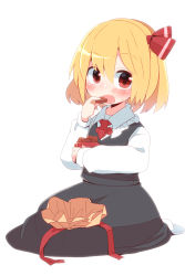 Rule 34 | 1girl, aoi (annbi), blonde hair, blush, candy, chocolate, chocolate heart, eating, food, hair ribbon, heart, highres, long sleeves, looking at viewer, open mouth, red eyes, ribbon, rumia, shirt, sitting, skirt, skirt set, solo, touhou, valentine, vest