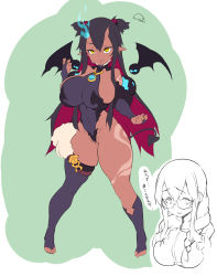 Rule 34 | 1girl, arm tattoo, bare shoulders, black hair, black thighhighs, blue fire, breasts, broken horn, covered navel, dark-skinned female, dark skin, demon girl, demon horns, demon tail, demon wings, detached sleeves, detached wings, earrings, fang, fang out, fire, fire, flat color, glasses, gluteal fold, hair between eyes, highres, horns, index fingers together, jewelry, leg tattoo, leotard, long hair, mini wings, multicolored hair, multiple views, oppai loli, original, parted lips, pointy ears, potion (moudamepo), purple footwear, purple leotard, red hair, sketch, skindentation, smile, tail, tattoo, thighhighs, twintails, two-tone hair, wings, yellow eyes, zipper, zipper pull tab