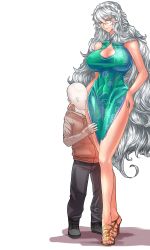 Rule 34 | 1boy, 1girl, bare shoulders, big hair, breasts, china dress, chinese clothes, cleavage, cleavage cutout, clothing cutout, dress, faceless, faceless male, futaba channel, hand on own hip, height difference, high heels, highres, hood, hoodie, huge breasts, kakkou (futaba channel), long hair, looking down, maid headdress, nijiura maids, propellercube, reiki (nijiura maids), simple background, standing, sweatdrop, tall, towering, very long hair, wavy hair, white background, white hair