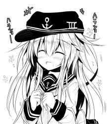 Rule 34 | +++, 10s, 1girl, ai takurou, anchor symbol, blush, closed eyes, eyebrows, flat cap, flower, greyscale, hair between eyes, happy, hat, hibiki (kancolle), kantai collection, long hair, long sleeves, monochrome, motion lines, neckerchief, open mouth, pleated skirt, school uniform, serafuku, sidelocks, simple background, sketch, skirt, smile, solo, translation request, upper body, white background