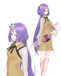 Rule 34 | 1girl, bad id, bad twitter id, biwa lute, chain, closed mouth, dress, eighth note, flower, hair flower, hair ornament, instrument, long hair, long sleeves, lute (instrument), multiple views, musical note, one-hour drawing challenge, purple eyes, purple hair, simple background, smile, tohoyuukarin, touhou, tsukumo benben, white background, white flower, yellow dress