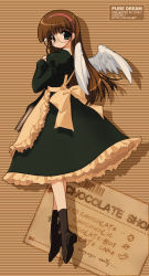 Rule 34 | 1girl, boots, brown background, brown theme, dated, dress, emily (pure dream), full body, glasses, green eyes, long hair, round eyewear, solo, source request, wings