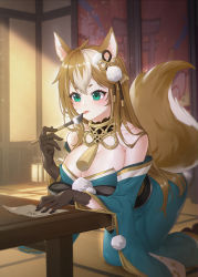 Rule 34 | 1girl, absurdres, animal ears, architecture, bare shoulders, breasts, brown hair, calligraphy brush, choker, cleavage, collarbone, commentary request, dog ears, dog girl, dog tail, east asian architecture, genderswap, genderswap (mtf), genshin impact, gorou (genshin impact), green eyes, hair between eyes, hair ornament, highres, hina (genshin impact), holding, holding brush, indoors, japanese clothes, kimono, kneeling, linreplica, long hair, long sleeves, looking at viewer, multicolored hair, paintbrush, paper, sidelocks, solo, strapless, streaked hair, table, tail, tatami, thick eyebrows, writing