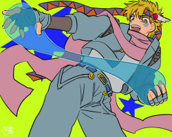Rule 34 | 1boy, battle tendency, blonde hair, bubble, caesar anthonio zeppeli, carota327, facial mark, fangs, feather hair ornament, feathers, fingerless gloves, flat color, gloves, green eyes, hair ornament, headband, hydrokinesis, jojo no kimyou na bouken, male focus, pink scarf, scarf, solo, triangle print, water