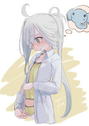 Rule 34 | 1girl, absurdres, ahoge, arrow (symbol), asashimo (kancolle), camisole, collared shirt, commentary request, dress shirt, elephant, female focus, flying sweatdrops, fyuo, grey eyes, grey hair, hair over one eye, highres, kantai collection, long hair, looking down, measuring, one-hour drawing challenge, open clothes, open shirt, panties, penis measuring, ponytail, shirt, underwear, white shirt, yellow camisole, yellow panties