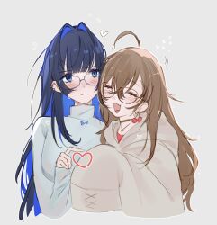 Rule 34 | 2girls, :d, ahoge, black choker, blue-framed eyewear, blue hair, blue sweater, blush, breasts, brown-framed eyewear, brown hair, brown hoodie, cherry earrings, choker, closed eyes, closed mouth, colored inner hair, cropped torso, ear piercing, earrings, facing another, flying sweatdrops, food-themed earrings, food themed earrings, glasses, hair intakes, heart, highres, hololive, hololive english, hood, hood down, hoodie, index finger raised, jewelry, large breasts, light frown, linamik, long hair, long sleeves, looking at another, multicolored hair, multiple girls, nanashi mumei, open mouth, ouro kronii, outline, pendant, piercing, red shirt, shirt, sideways glance, simple background, sleeves past fingers, sleeves past wrists, smile, straight hair, sweater, turtleneck, turtleneck sweater, very long hair, virtual youtuber, white background, white outline, yuri
