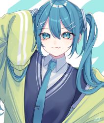 Rule 34 | 1girl, 39, aqua eyes, aqua hair, aqua necktie, blue sweater, cardigan, closed mouth, collared shirt, dutch angle, fang, green cardigan, hair ornament, hair over shoulder, hairclip, hand up, hatsune miku, highres, long hair, looking at viewer, necktie, off shoulder, shirt, skin fang, sleeves past fingers, sleeves past wrists, smile, solo, sweater, tie clip, twintails, upper body, vocaloid, white shirt, x hair ornament, yoruse
