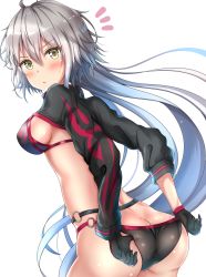 Rule 34 | :o, ahoge, ass, bikini, bikini pull, black bikini, black gloves, black jacket, blush, butt crack, clothes pull, commentary request, cropped jacket, embarrassed, fate/grand order, fate (series), from behind, gloves, hair between eyes, jacket, jeanne d&#039;arc alter (swimsuit berserker) (fate), jeanne d&#039;arc (fate), jeanne d&#039;arc alter (fate), jeanne d&#039;arc alter (swimsuit berserker) (fate), long hair, o-ring, o-ring bikini, o-ring bottom, shrug (clothing), silver hair, sunsun2812, swimsuit, very long hair, white background, yellow eyes