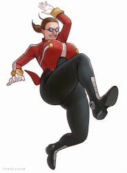 Rule 34 | 1girl, arm up, artist name, black bodysuit, black footwear, blue-tinted eyewear, bodysuit, bodysuit under clothes, boots, bouncing breasts, breasts, brown hair, coat, dr. eggman, female focus, forehead, full body, genderswap, genderswap (mtf), gloves, grin, happy, jumping, large breasts, leg up, long sleeves, motion lines, ponytail, red coat, round eyewear, short hair, simple background, smile, solo, sonic (series), spread legs, sunglasses, teeth, tinted eyewear, totesfleisch8, watermark, white background, white gloves