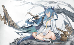 Rule 34 | 1girl, absurdres, arknights, bare legs, bilibilida, black gloves, black shorts, blue hair, boots, braid, breasts, cleavage, coat, cup, detached collar, dragon girl, dragon horns, dragon tail, earrings, elbow gloves, eyebrows hidden by hair, closed eyes, eyeshadow, full body, gloves, gourd, highres, holding, holding cup, horns, jewelry, knee boots, large breasts, ling (arknights), long hair, long sleeves, makeup, necktie, open clothes, open coat, parted lips, pointy ears, short shorts, shorts, simple background, sitting, smile, solo, staff, strapless, tail, underbust, very long hair, white background, white coat, white footwear, wide sleeves, yellow necktie