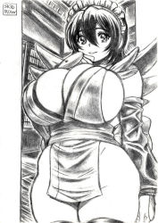 Rule 34 | 1girl, apron, breasts, cleavage, hair ornament, hairclip, hand on own chest, happy, highleg, highleg leotard, huge breasts, iroha (samurai spirits), leotard, leotard under clothes, looking at viewer, maid, maid headdress, monochrome, samurai spirits, sideboob, simple background, skidrow, smile, snk, solo, standing, thong leotard, wide hips