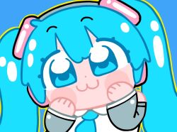 Rule 34 | 1girl, :3, bkub, blue background, blue eyes, blue hair, blush, blush stickers, close-up, collared shirt, detached sleeves, grey sleeves, hands on own face, hatsune miku, headphones, looking at viewer, necktie, portrait, shirt, simple background, smile, solo, twintails, vocaloid, white shirt