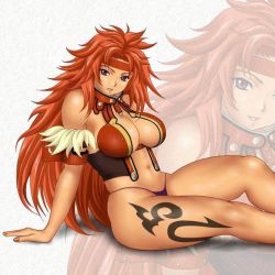 Rule 34 | 1girl, armor, bandana, breasts, choker, cleavage, fur, impossible clothes, long hair, nail polish, navel, queen&#039;s blade, red hair, red nails, risty (queen&#039;s blade), risty (queen's blade), solo, tattoo, thong, wilderness bandit risty