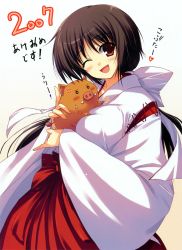 Rule 34 | 00s, 2007, absurdres, boar, brown hair, highres, huge filesize, japanese clothes, miko, open mouth, red eyes, smile, tomose shunsaku, wink