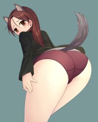 Rule 34 | 1girl, animal ears, ass, bent over, blue background, brown hair, dog ears, dog tail, from behind, highres, leaning forward, long hair, looking back, military, military uniform, minna-dietlinde wilcke, panties, red hair, red panties, simple background, solo, strike witches, tail, thighs, underwear, uniform, urepito honke, wavy mouth, world witches series