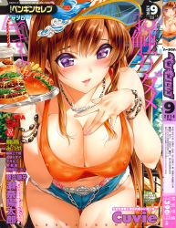 Rule 34 | 1girl, absurdres, belt, blush, bracelet, breasts, brown hair, comic penguin club, cover, cover page, denim, denim shorts, food, french fries, burger, hat, highres, hot dog, jewelry, large breasts, long hair, looking at viewer, navel, necklace, nipples, purple eyes, saburou (hgmg), shorts, smile, solo, visor cap, waitress