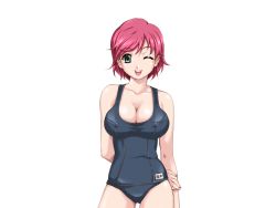 Rule 34 | 00s, 1girl, bare shoulders, breasts, cleavage, covered erect nipples, game cg, green eyes, happoubi jin, iihara nao, large breasts, legs, looking at viewer, one eye closed, open mouth, pink hair, resort boin, short hair, simple background, smile, solo, standing, swimsuit, thighs, white background, wink
