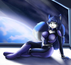 Rule 34 | 1girl, absurdres, animal ears, animal nose, arm support, armor, artist name, belt, blue bodysuit, blue eyes, blue footwear, blue fur, blue hair, body fur, bodysuit, boots, breasts, circlet, collarbone, crossed legs, earth (planet), female focus, fox ears, fox girl, fox tail, full body, furry, furry female, hand up, happy, highres, indoors, knee boots, krystal, large breasts, looking at viewer, lying, nintendo, on side, open mouth, planet, short hair, shoulder armor, signature, smile, snout, solo, space, star (sky), star fox, tail, tail hold, tail raised, treyer, two-tone fur, white fur, wide hips, window