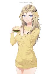 Rule 34 | 1girl, ahoge, alternate costume, blonde hair, blue eyes, burger, casual, eating, fire emblem, fire emblem fates, food, highres, looking at viewer, meme attire, nintendo, open-chest sweater, ophelia (fire emblem), solo, sweater, yog09