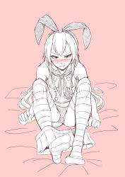 Rule 34 | 10s, 1girl, black panties, blush, elbow gloves, gloves, hairband, kantai collection, kate (alice catharsis), long hair, looking at viewer, monochrome, navel, panties, pantyshot, shimakaze (kancolle), sitting, skirt, skirt tug, solo, striped clothes, striped thighhighs, thighhighs, underwear, upskirt, white gloves