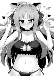 Rule 34 | 1girl, ahoge, animal ear fluff, animal ears, aroused, bare arms, bell, black bra, black choker, black panties, black ribbon, blush, bra, breasts, cat cutout, cat day, cat ears, cat lingerie, choker, cleavage, cleavage cutout, clothing cutout, collarbone, commentary, cowboy shot, curvy, dracu-riot!, eyelashes, groin, hair intakes, hair ribbon, hair spread out, hakutocake, hands up, heart, heart-shaped pupils, heavy breathing, highres, large breasts, long hair, looking at viewer, meme attire, monochrome, navel, neck bell, nose blush, open mouth, panties, parted bangs, paw pose, ribbon, side-tie panties, sidelocks, simple background, solo, speech bubble, standing, stomach, straight-on, sweat, symbol-shaped pupils, translation request, underwear, very long hair, visible air, wavy hair, white background, yarai miu