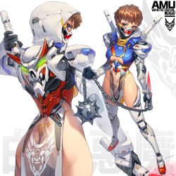 Rule 34 | 1girl, ass, beam saber, blue eyes, breasts, brown hair, close-up, commentary, english commentary, flail, full body, gundam, hichi, highres, holding, holding weapon, hood, hood down, hood up, mask, mecha musume, medium breasts, mobile suit gundam, mouth mask, ninja mask, original, pelvic curtain, personification, rx-78-2, see-through, short hair, thighhighs, underboob, very short hair, weapon, white background
