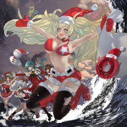 Rule 34 | 5girls, abyssal ship, anno88888, aqua hair, bell, bikini, bikini top only, black socks, blonde hair, blue eyes, boots, breasts, brown hair, christmas, closed eyes, detached sleeves, dress, enemy lifebuoy (kancolle), fur trim, gambier bay (kancolle), hair ornament, hat, highres, holding, holding sack, kantai collection, kashima (kancolle), knee boots, kneehighs, kumano (kancolle), large breasts, littorio (kancolle), long hair, mittens, multiple girls, one eye closed, open clothes, open mouth, outdoors, party popper, pleated skirt, red bikini, red dress, red footwear, red mittens, red shorts, sack, santa hat, shorts, silver hair, skirt, sky, snowman, socks, star (symbol), suzuya (kancolle), swimsuit, the roma-like snowman, thighhighs, twintails, water