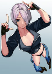 Rule 34 | 1girl, absurdres, angel (kof), blue eyes, boots, breasts, chaps, cleavage, collarbone, cropped jacket, fingerless gloves, foreshortening, gloves, hair over one eye, highres, jacket, kagematsuri, large breasts, leather, leather jacket, long sleeves, looking at viewer, navel, short hair, silver hair, sleeves rolled up, solo, the king of fighters