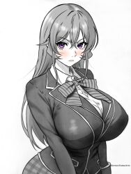 1girl blazer blush bow bowtie breasts collared_shirt commentary_request crossed_bangs greyscale harutoyumaarts highres huge_breasts jacket long_hair looking_at_viewer monochrome nakiri_erina parted_lips plaid_clothes plaid_skirt purple_eyes school_uniform shirt shokugeki_no_souma simple_background skirt solo spot_color striped_bow striped_bowtie striped_clothes tootsuki_saryou_ryouri_gakuen_uniform twitter_username upper_body white_background