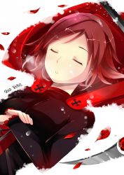 Rule 34 | 1girl, artist name, cape, closed eyes, petals, red hair, rose petals, ruby rose, rwby, ryothae, scythe, short hair, snow, solo, weapon