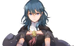 Rule 34 | 1girl, blue eyes, blue hair, breasts, byleth (female) (fire emblem), byleth (fire emblem), cape, closed mouth, fire emblem, fire emblem: three houses, grey cape, hair between eyes, long hair, medium breasts, nintendo, robaco, short sleeves, simple background, smile, solo, straight hair, upper body, white background