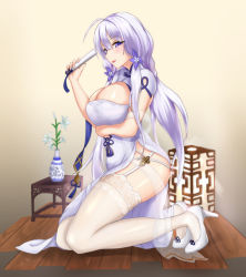 Rule 34 | 1girl, arm under breasts, azur lane, breasts, bursting breasts, china dress, chinese clothes, cleavage cutout, clothing cutout, dress, full body, garter straps, hand fan, high heels, holding, holding fan, illustrious (azur lane), illustrious (maiden lily&#039;s radiance) (azur lane), lace, lace-trimmed legwear, lace trim, looking at viewer, mole, mole under eye, official alternate costume, purple eyes, purple hair, see-through, shoes, short sleeves, solo, thighhighs, thighs, tri tails, velvet-no-2, white dress, white footwear, white thighhighs