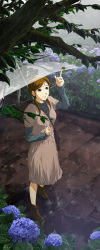 Rule 34 | 1girl, 71 (nanaichi drafting), ankle boots, black eyes, boots, brown hair, dress, flower, from above, hair ornament, hairpin, hydrangea, jewelry, long image, looking up, original, rain, ring, snail, solo, tall image, transparent, transparent umbrella, tree, twintails, umbrella