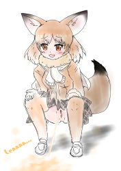 Rule 34 | 1girl, :3, animal ears, blonde hair, blush, breasts, brown eyes, brown shirt, brown thighhighs, fox ears, fox girl, fox tail, fur-trimmed gloves, fur trim, gloves, grey skirt, hands on own knees, highres, hinoto (pixiv48761170), kemono friends, long sleeves, looking down, medium breasts, no panties, open mouth, pale fox (kemono friends), peeing, plaid, plaid skirt, puddle, pussy, scarf, shirt, shoes, short hair, skirt, smile, squatting, tail, thighhighs, uncensored, white background, white footwear, white gloves, white scarf