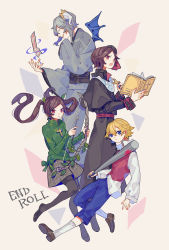 Rule 34 | 1girl, 3boys, :o, ^ ^, arrow (projectile), baseball bat, black capelet, black footwear, black headwear, black pantyhose, black robe, blonde hair, blood, bloody weapon, blue eyes, blue pants, blue wings, book, bow (weapon), brown footwear, brown hair, brown skirt, capelet, capri pants, cassock, closed eyes, cody toscarina, copyright name, cross, cross necklace, dogma toscarina, dragon boy, dragon horns, dragon wings, end roll, expressionless, flats, from side, full body, green ribbon, green shirt, grey hair, grey kimono, hair between eyes, hair ribbon, hand on own chin, hat, high collar, highres, holding, holding arrow, holding baseball bat, holding book, holding bow (weapon), holding cross, holding weapon, horns, japanese clothes, jewelry, kantera (end roll), kimono, knees together feet apart, leaf, loafers, long sleeves, looking at viewer, multiple boys, necklace, open book, open mouth, pants, pantyhose, parted bangs, parted lips, plaid, plaid skirt, priest, profile, red eyes, red sash, red vest, ribbon, robe, russell seager, sash, scarf, senba (ikisia4423), shirt, shoes, short hair, short hair with long locks, simple background, skirt, sleeve cuffs, smile, socks, swept bangs, talisman, tilted headwear, twintails, untucked shirt, vest, weapon, white scarf, white shirt, white socks, wings