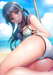Rule 34 | 1girl, ass, bare shoulders, beach, bikini, blue eyes, blue hair, blue sky, blush, breasts, cloud, collarbone, commentary request, day, gotland (kancolle), highres, kantai collection, long hair, looking at viewer, looking back, medium breasts, mole, mole under eye, ocean, pole, ruin re birth, sky, solo, swimsuit, white bikini
