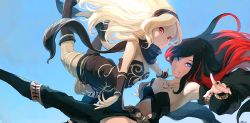 Rule 34 | 2girls, armpits, black hair, black hairband, blonde hair, blue eyes, blue sky, boots, breast tattoo, breasts, cleavage, closed mouth, crow (gravity daze), dark-skinned female, dark skin, day, falling, female focus, floating, floating hair, girl on top, gravity daze, grin, hairband, highres, jewelry, kitten (gravity daze), looking at viewer, medium breasts, multicolored hair, multiple girls, nail polish, navel, official art, parted bangs, parted lips, red eyes, red hair, revealing clothes, saitou shunsuke, scarf, sky, smile, strapless, swept bangs, tattoo, thighlet, two-tone hair